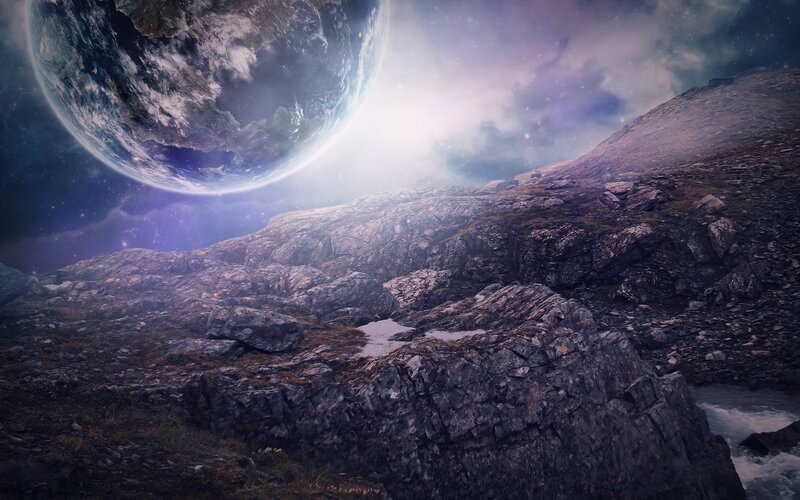 Alien Planet Landscape — Purple, Dramatic, Night, Digital Art, Mountain