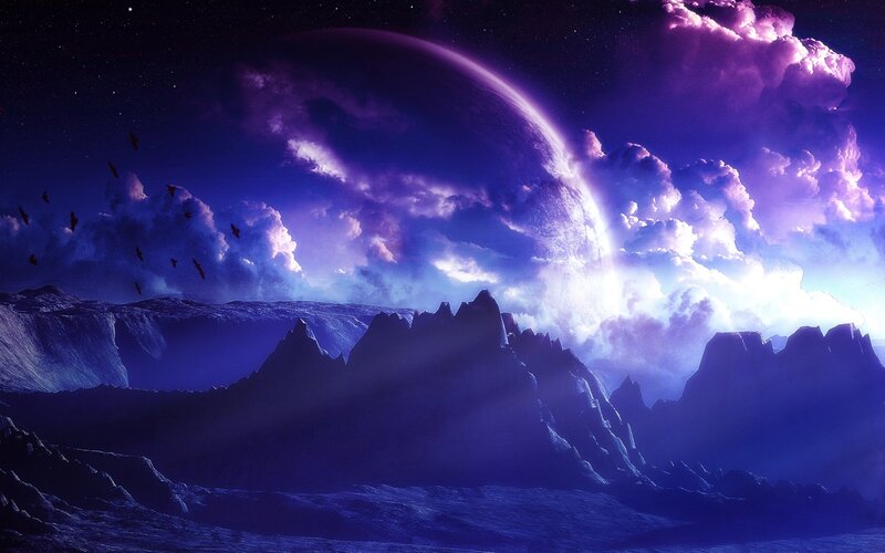 Alien Planet Landscape — Purple, Dramatic, Night, Digital Art, Mountains, Clouds, Birds
