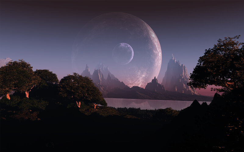 Alien Planet Landscape — Purple, Dramatic, Night, Digital Art, Mountains, Moon, Lake