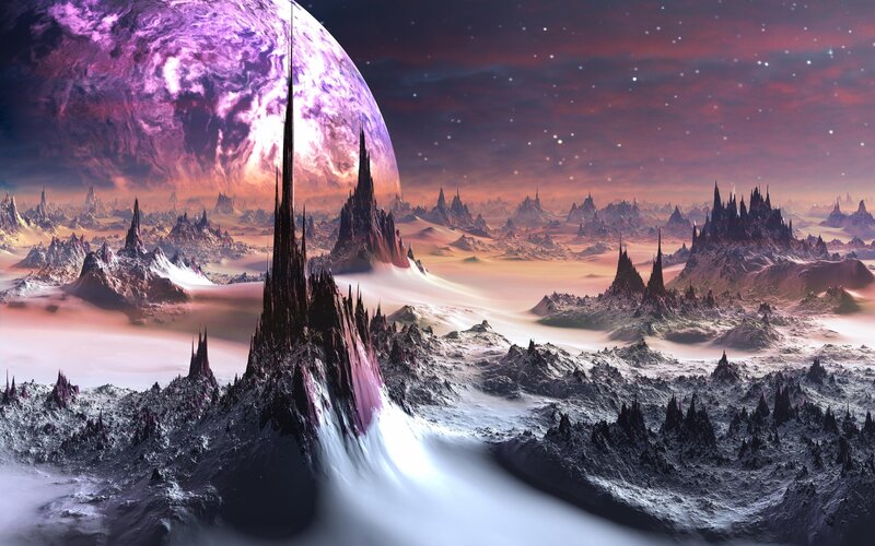 Alien Planet Landscape — Purple, Dramatic, Night, Digital Art, Mountains, Moon