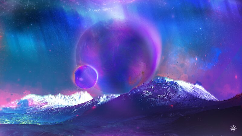 Alien Planet Landscape — Purple, Dramatic, Night, Digital Art, Mountains, Planets, Aurora