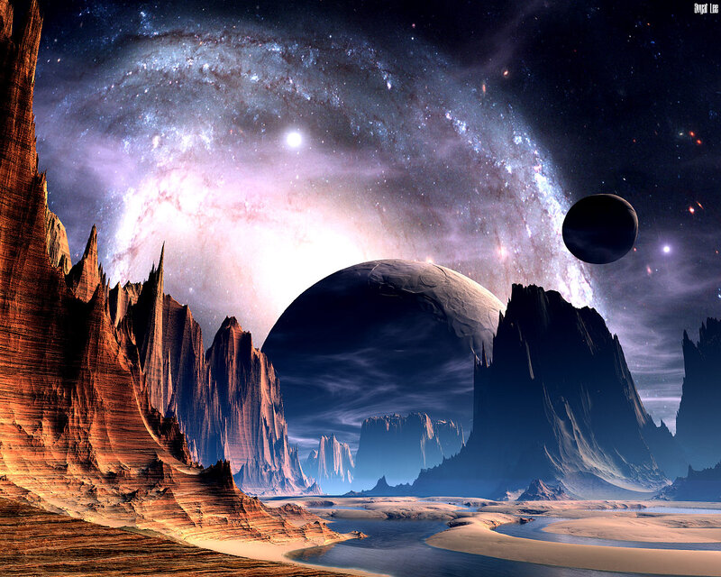 Alien Planet Landscape — Purple, Dramatic, Night, Digital Art, Mountains, Planets, Galaxy