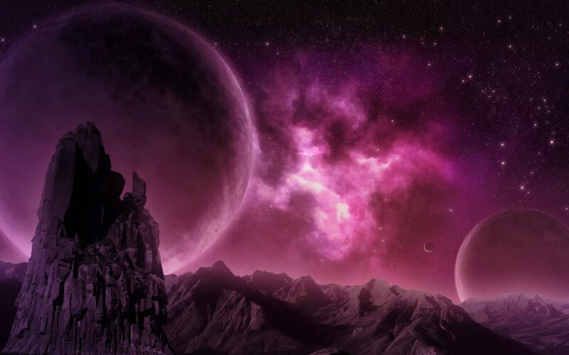 Alien Planet Landscape — Purple, Dramatic, Night, Digital Art, Mountains, Planets, Nebula