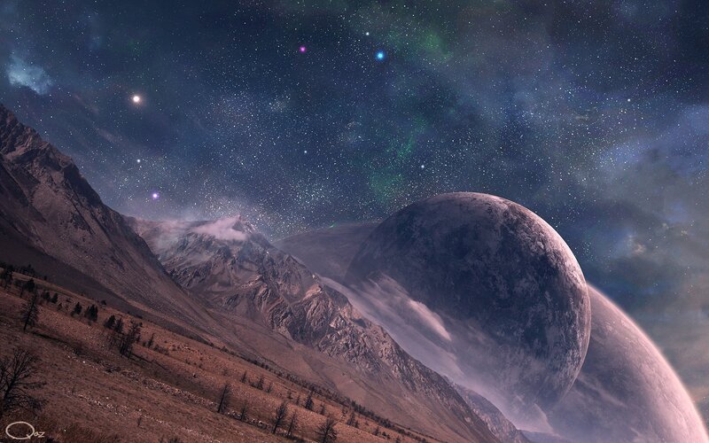 Alien Planet Landscape — Purple, Dramatic, Night, Digital Art, Mountains, Planets, Stars