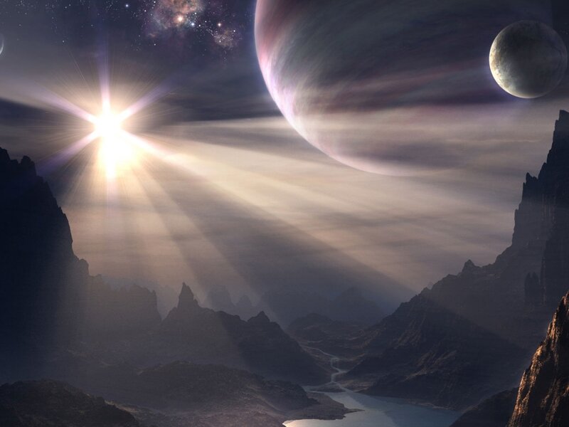Alien Planet Landscape — Purple, Dramatic, Night, Digital Art, Mountains, River
