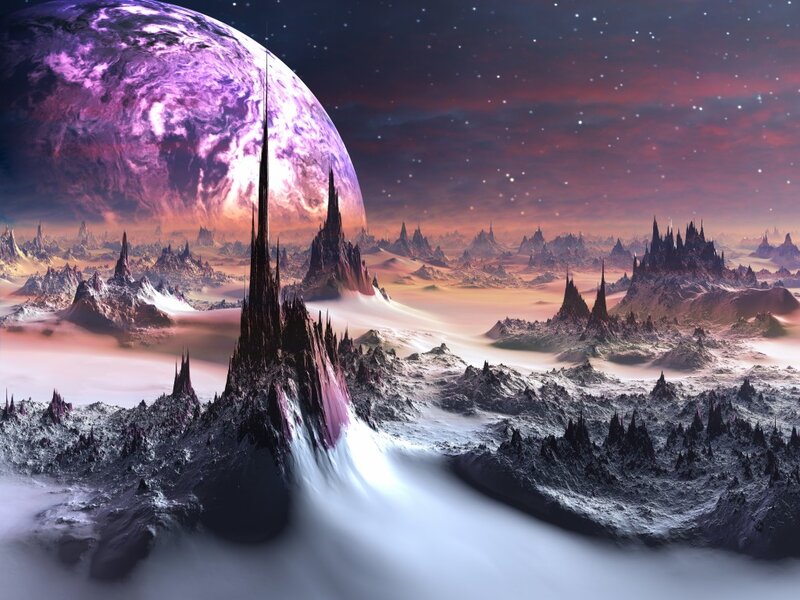 Alien Planet Landscape — Purple, Dramatic, Night, Digital Art, Mountains, Sky