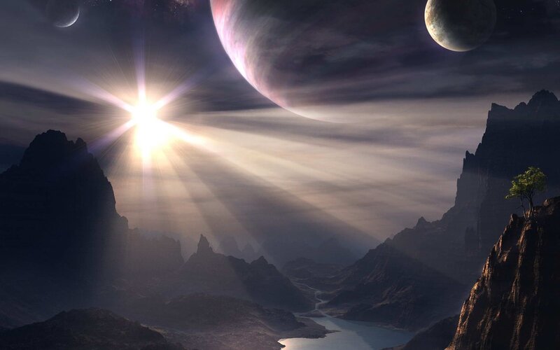 Alien Planet Landscape — Purple, Dramatic, Night, Digital Art, Mountains