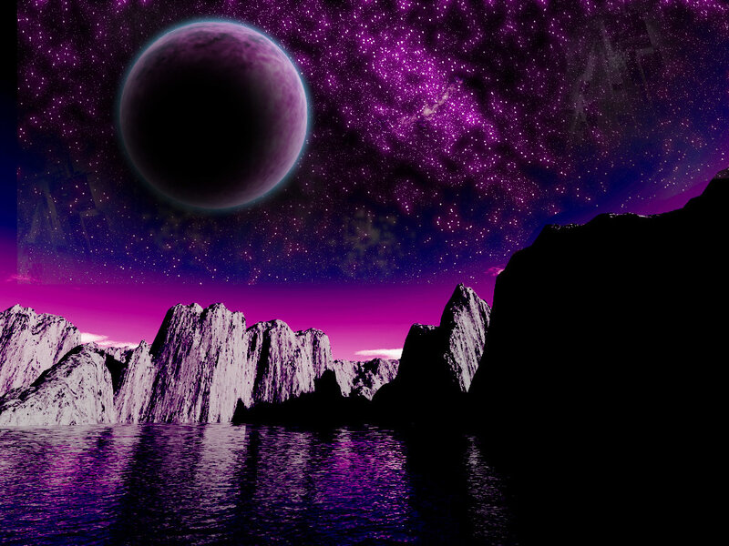 Alien Planet Landscape — Purple, Dramatic, Night, Digital Art, Mountains, Water