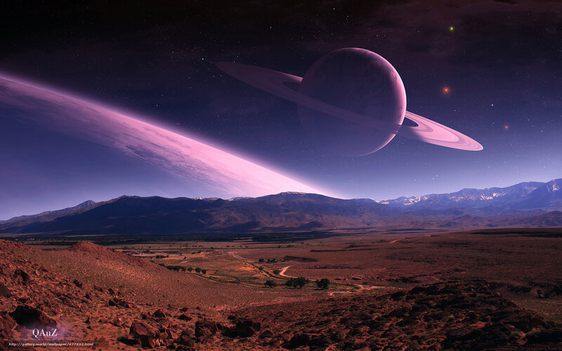 Alien Planet Landscape — Purple, Dramatic, Night, Digital Art, Planet with Rings