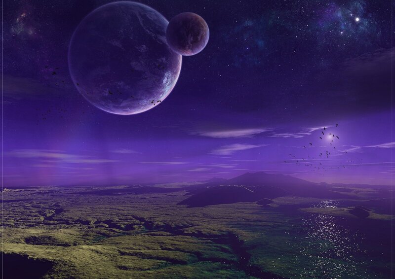 Alien Planet Landscape — Purple, Dramatic, Night, Digital Art, Planets, Birds