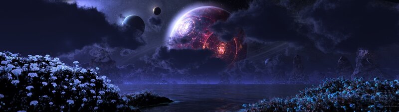 Alien Planet Landscape — Purple, Dramatic, Night, Digital Art, Planets, Clouds, Flowers