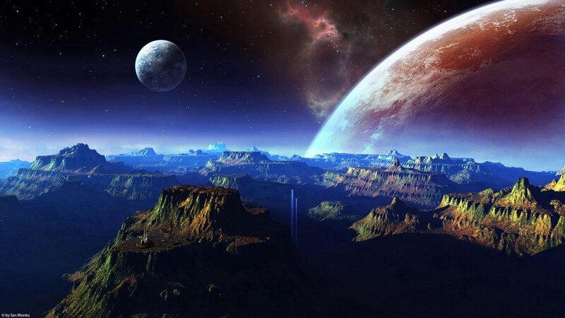 Alien Planet Landscape — Purple, Dramatic, Night, Digital Art, Planets, Mountains, Stars