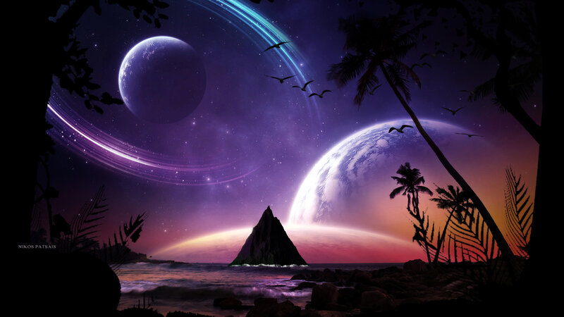 Alien Planet Landscape — Purple, Dramatic, Night, Digital Art, Planets, Palm Trees