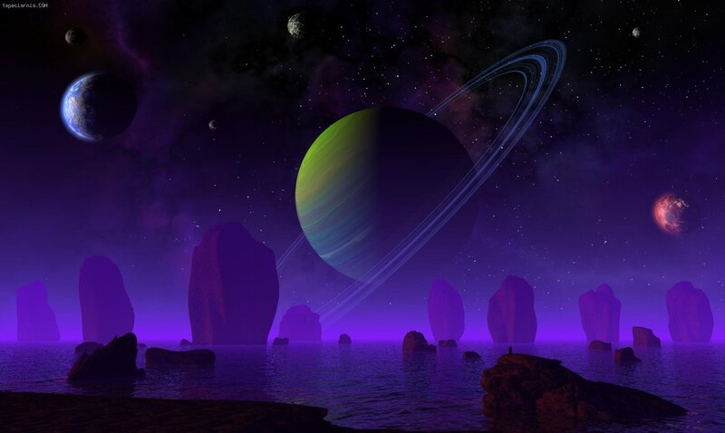 Alien Planet Landscape — Purple, Dramatic, Night, Digital Art, Planets, Rings, Rocks