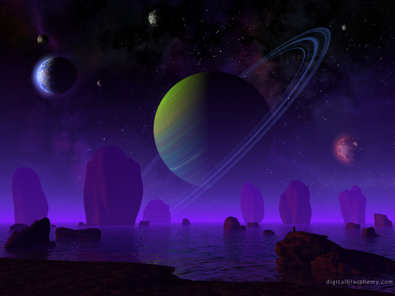 Alien Planet Landscape — Purple, Dramatic, Night, Digital Art, Planets, Rings, Rocks, Water