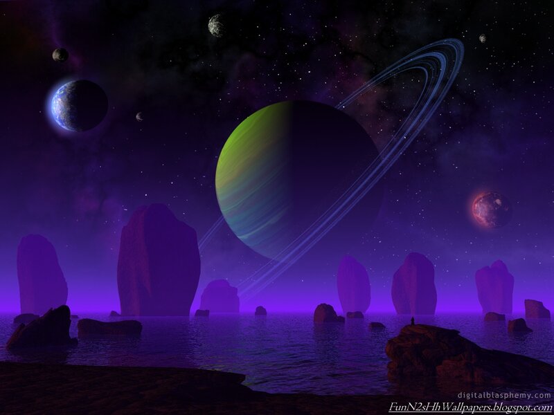 Alien Planet Landscape — Purple, Dramatic, Night, Digital Art, Planets, Rings