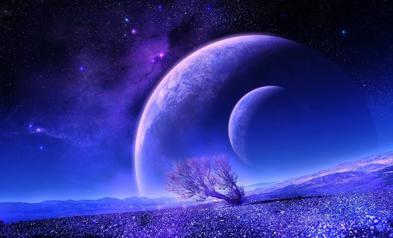 Alien Planet Landscape — Purple, Dramatic, Night, Digital Art, Planets, Starfield