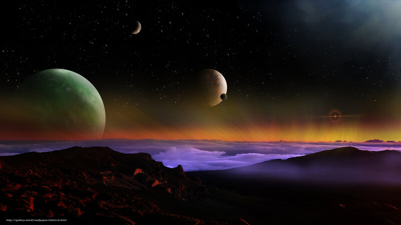Alien Planet Landscape — Purple, Dramatic, Night, Digital Art, Planets, Stars, Clouds