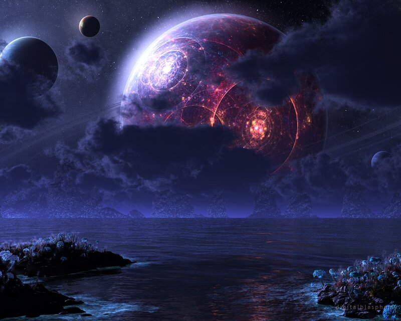 Alien Planet Landscape — Purple, Dramatic, Night, Digital Art, Planets, Stars, Ocean