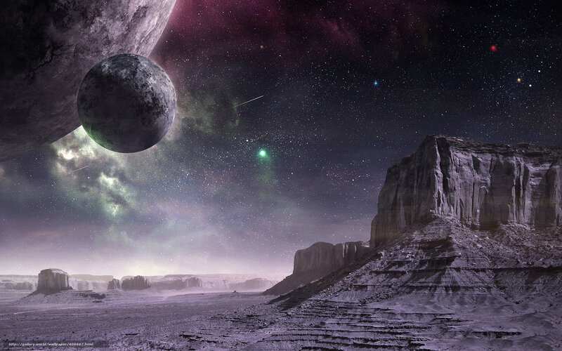 Alien Planet Landscape — Purple, Dramatic, Night, Digital Art, Planets, Stars, Rock Formations