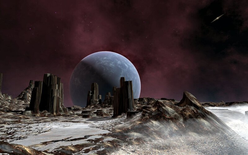 Alien Planet Landscape — Purple, Dramatic, Night, Digital Art, Rock Formations