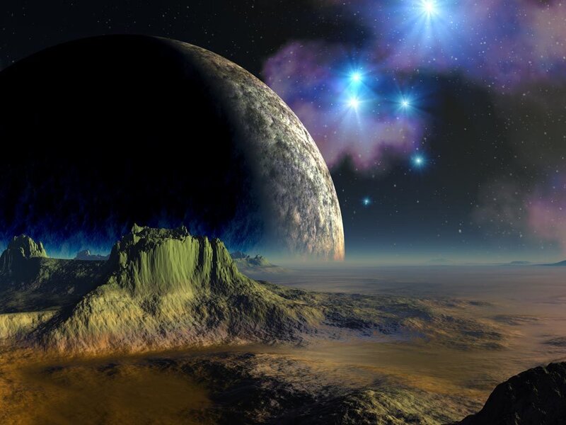 Alien Planet Landscape — Purple, Dramatic, Night, Digital Art, Stars, Mountain, Blue