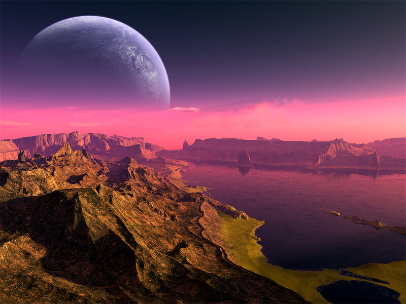Alien Planet Landscape — Purple, Dramatic, Sunset, 3d Render, Mountains, Lake