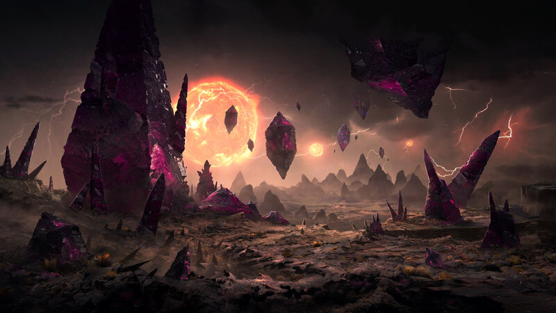 Alien Planet Landscape — Purple, Dramatic, Sunset, Digital Art, Floating Rocks