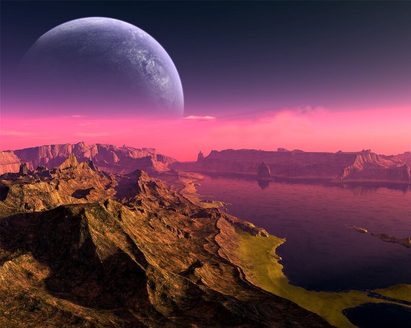 Alien Planet Landscape — Purple, Dramatic, Sunset, Digital Art, Mountains, Lake