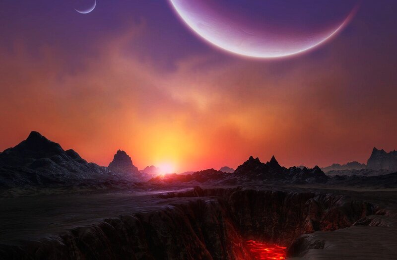 Alien Planet Landscape — Purple, Dramatic, Sunset, Digital Art, Mountains, Lava Flow