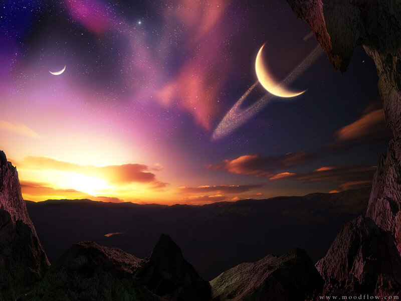 Alien Planet Landscape — Purple, Dramatic, Sunset, Digital Art, Mountains, Moons, Stars