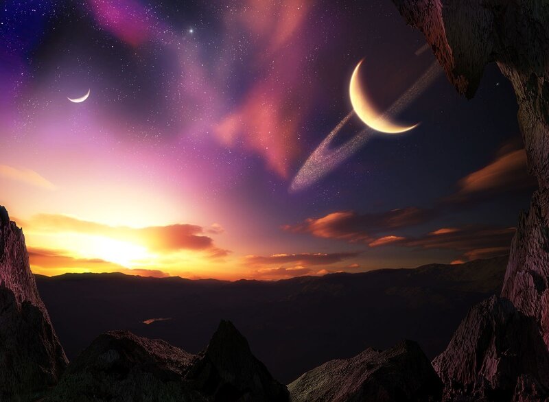 Alien Planet Landscape — Purple, Dramatic, Sunset, Digital Art, Mountains, Planets, Stars