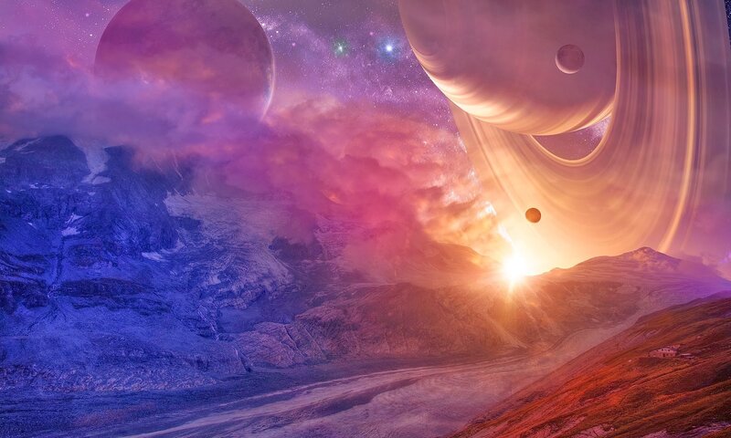 Alien Planet Landscape — Purple, Dramatic, Sunset, Digital Art, Mountains, Planets