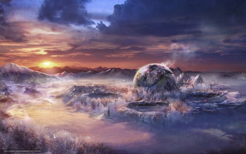 Alien Planet Landscape — Purple, Dramatic, Sunset, Digital Art, Mountains, Sphere