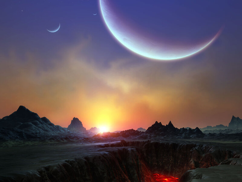 Alien Planet Landscape — Purple, Dramatic, Sunset, Digital Art, Mountains, Sun, Planets