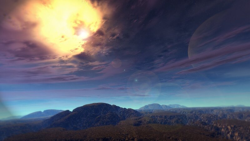 Alien Planet Landscape — Purple, Dramatic, Sunset, Digital Art, Mountains, Sun