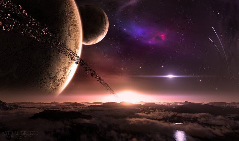 Alien Planet Landscape — Purple, Dramatic, Sunset, Digital Art, Planets, Asteroids