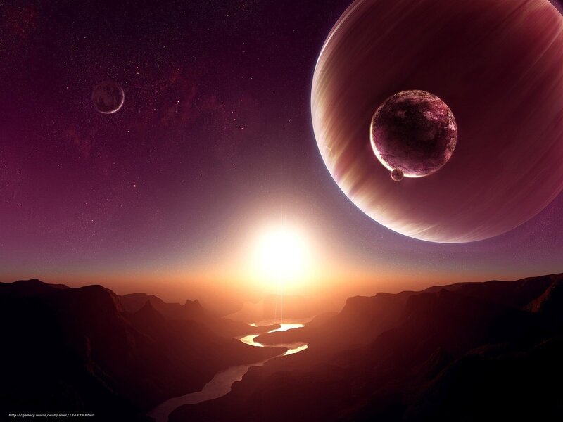 Alien Planet Landscape — Purple, Dramatic, Sunset, Digital Art, Planets, Moon, River