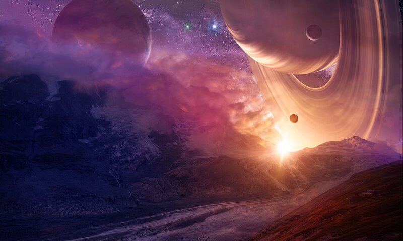 Alien Planet Landscape — Purple, Dramatic, Sunset, Digital Art, Planets, Rings, Mountains, Orange