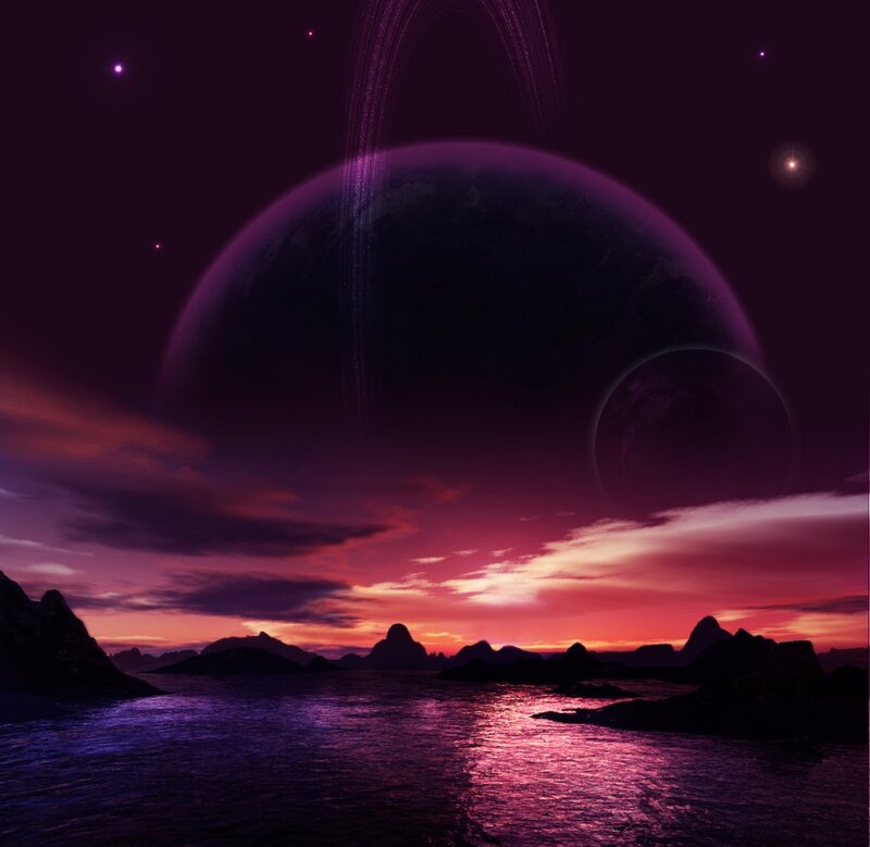 Alien Planet Landscape — Purple, Dramatic, Sunset, Digital Art, Planets, Rings