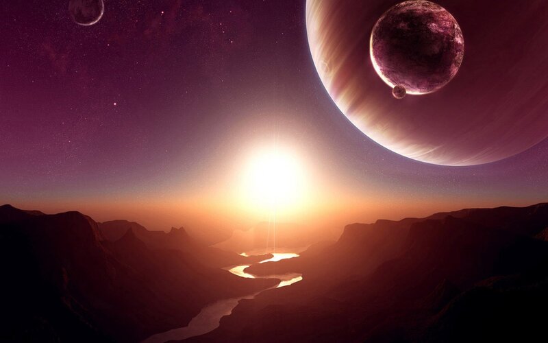 Alien Planet Landscape — Purple, Dramatic, Sunset, Digital Art, Planets, River, Mountains, Sun