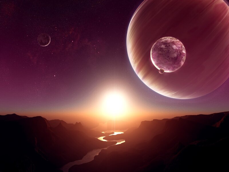 Alien Planet Landscape — Purple, Dramatic, Sunset, Digital Art, Planets, River, Mountains