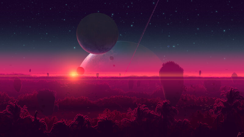 Alien Planet Landscape — Purple, Dramatic, Sunset, Digital Art, Planets, Stars
