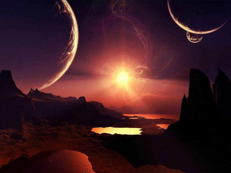 Alien Planet Landscape — Purple, Dramatic, Sunset, Digital Art, Planets, Sun, Mountains