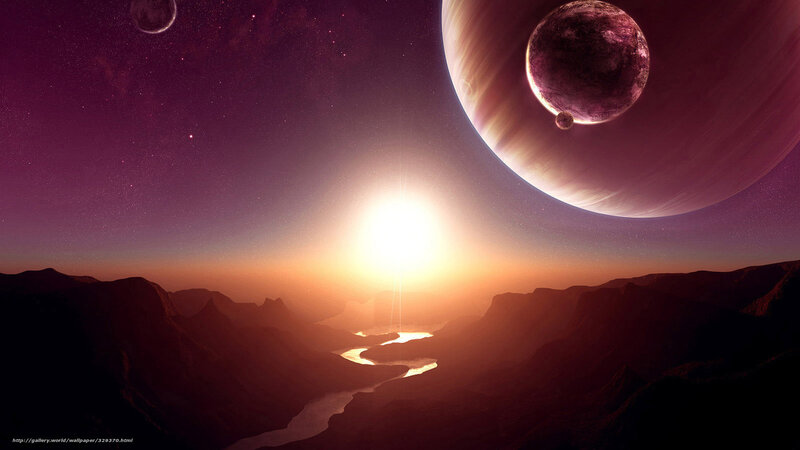 Alien Planet Landscape — Purple, Dramatic, Sunset, Digital Art, Planets, Sun, River