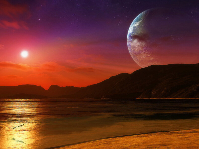 Alien Planet Landscape — Purple, Dramatic, Sunset, Digital Art, Sun, Mountains, Orange, Black