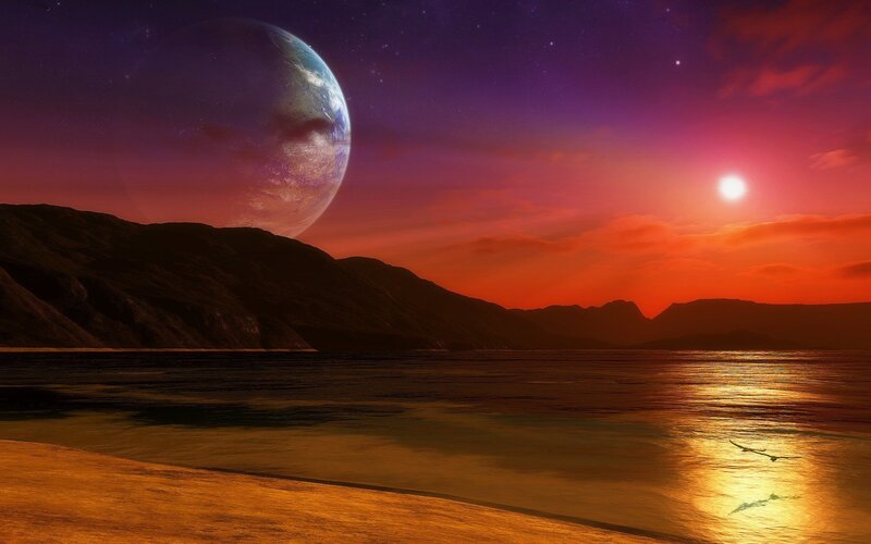 Alien Planet Landscape — Purple, Dramatic, Sunset, Digital Art, Sun, Mountains