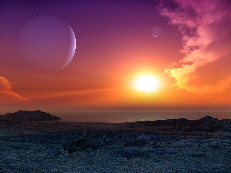 Alien Planet Landscape — Purple, Dramatic, Sunset, Digital Art, Sun, Planets, Ocean