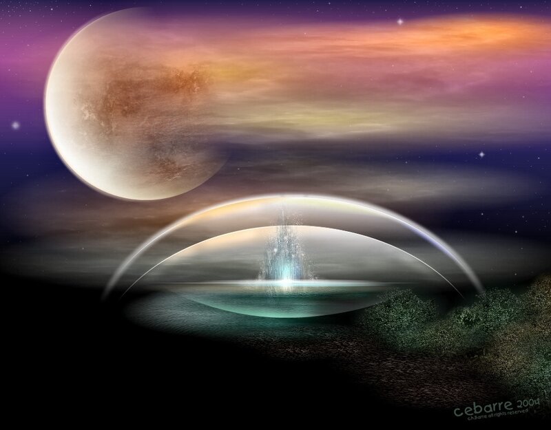 Alien Planet Landscape — Purple, Serene, Night, Digital Art, Fountain