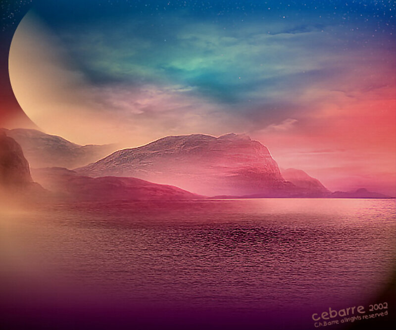 Alien Planet Landscape — Purple, Serene, Night, Digital Art, Mountain